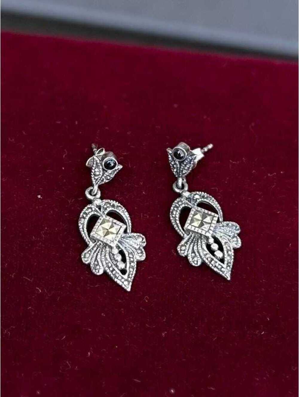 Vintage Sterling Silver Marcasite & Black Onyx Dangle Drop Earrings